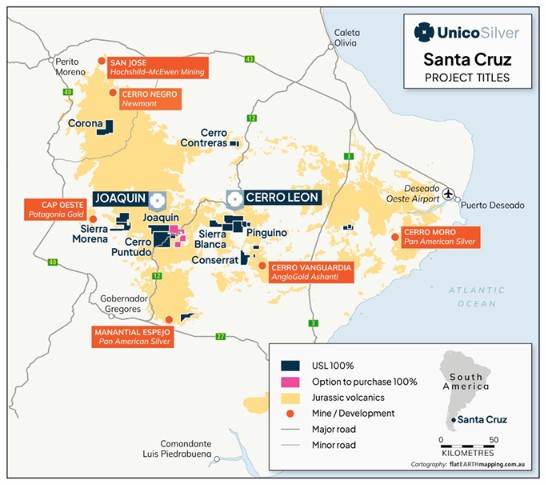 Proyectos de Unico Silver y minas en operacion de Santa Cruz